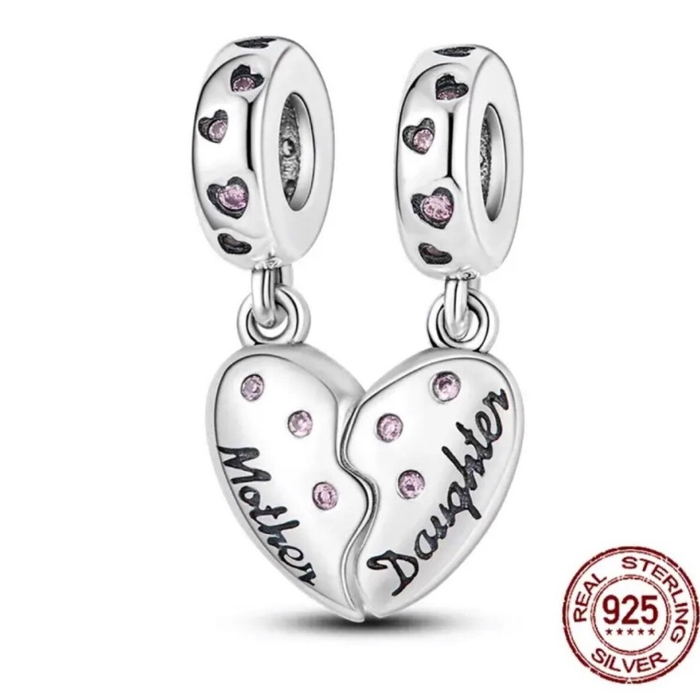 Mother Daughter Split Heart Sterling Silver Charm Pendant